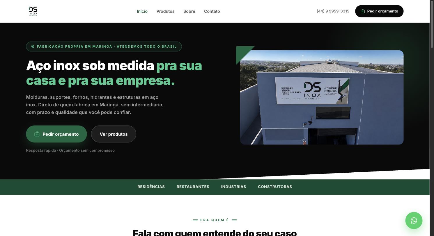 Site da DS Inox Maringá, projeto ThriveUp