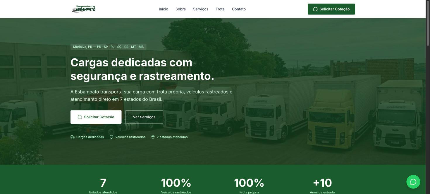 Site da Esbampato Transportes, projeto ThriveUp