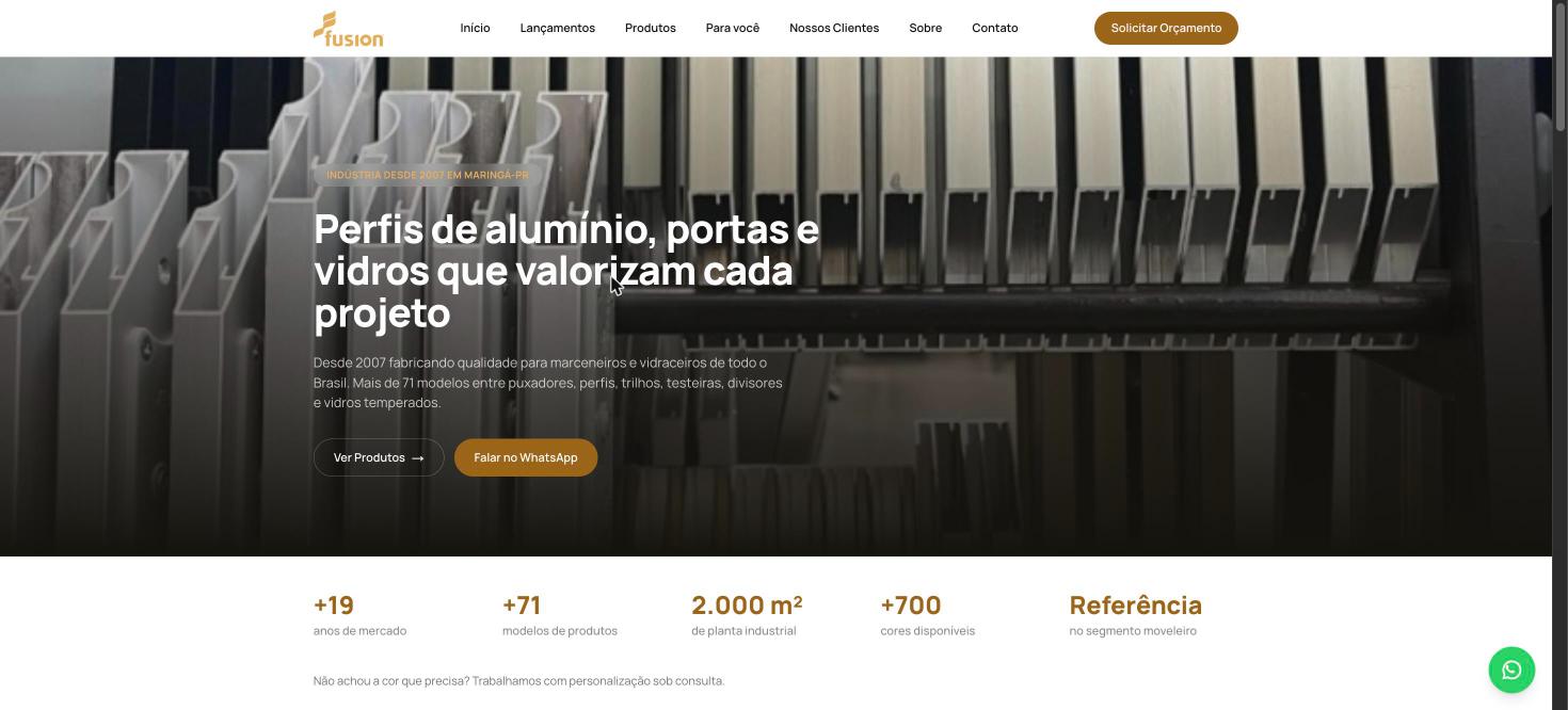 Site da Fusion Alumínios e Vidros, projeto ThriveUp